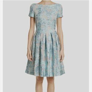 St. John Women's Light Blue Floral Organza Dress Boat Neck Scoop Back Size 4 NWT